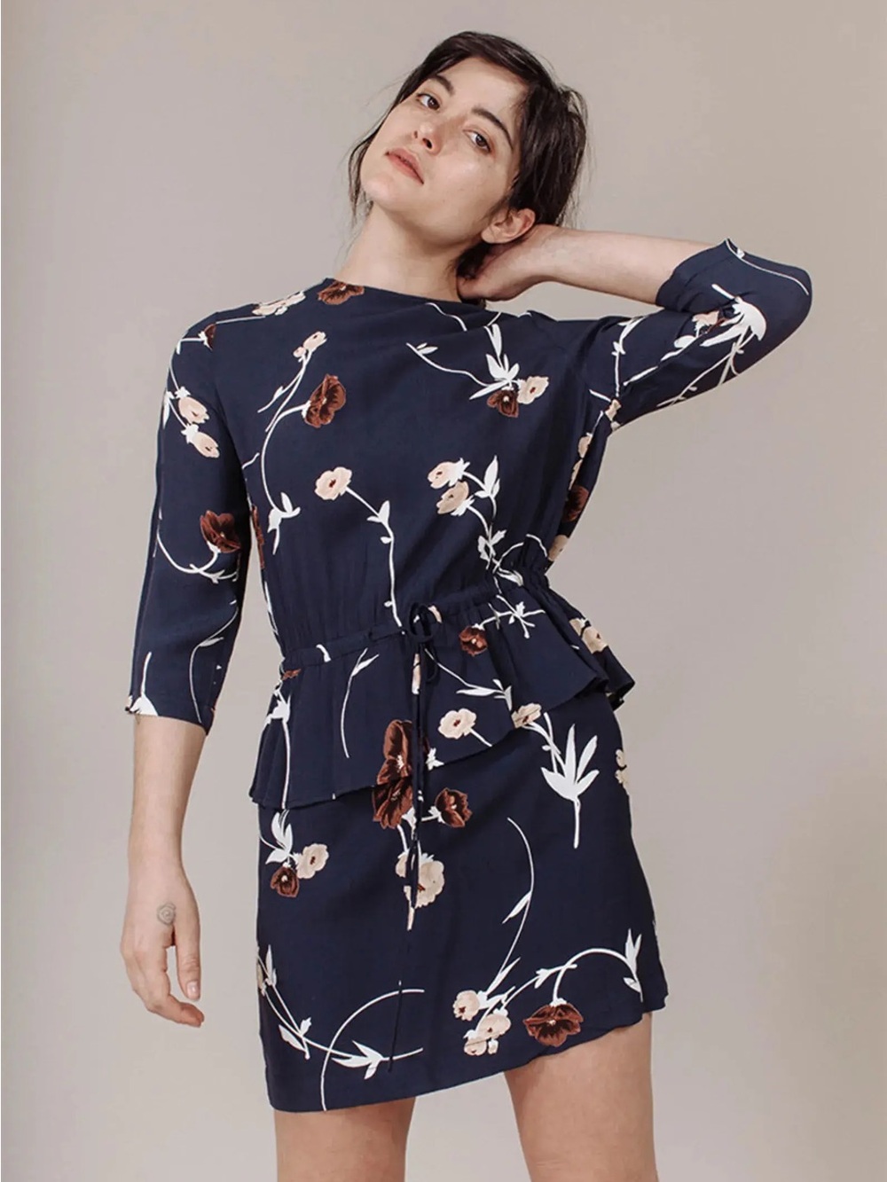 Ganni Peplum Floral Dress Navy Blue Viscose Rayon Short Lined Sz 40